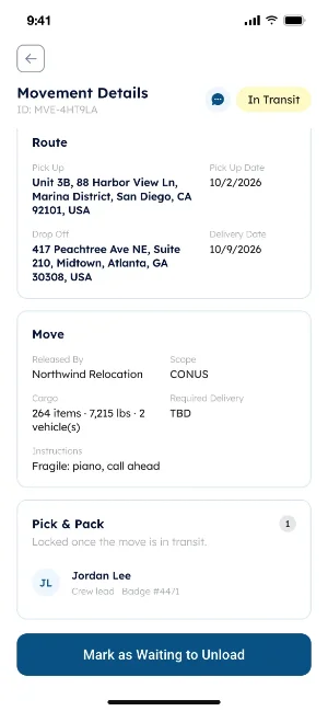 STRATUM-X™ mobile app movement details for a sample move